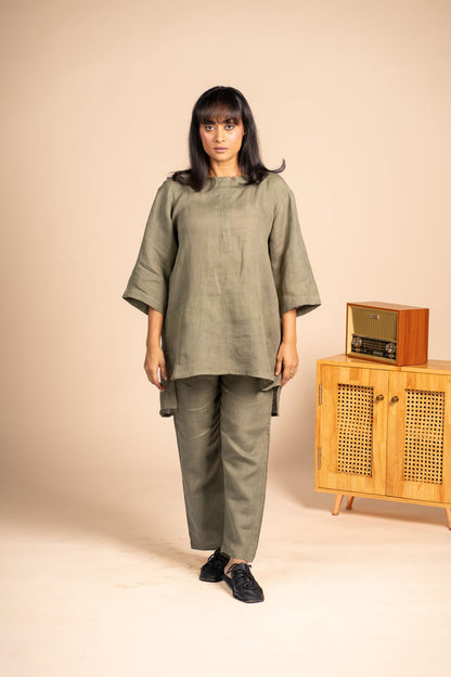 Olive linen short kurta set