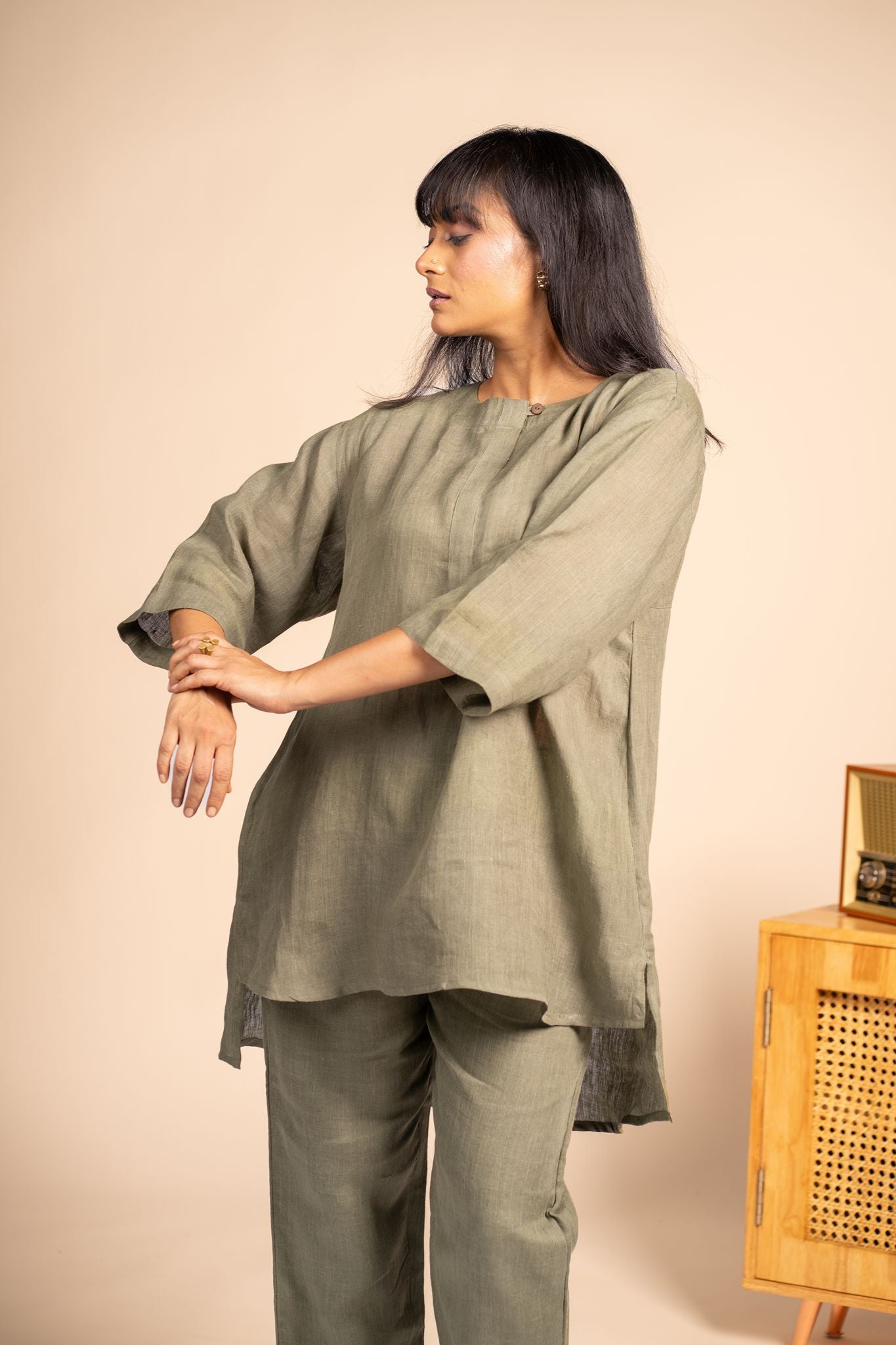 Olive linen short kurta set