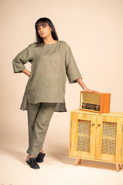 Olive linen short kurta set