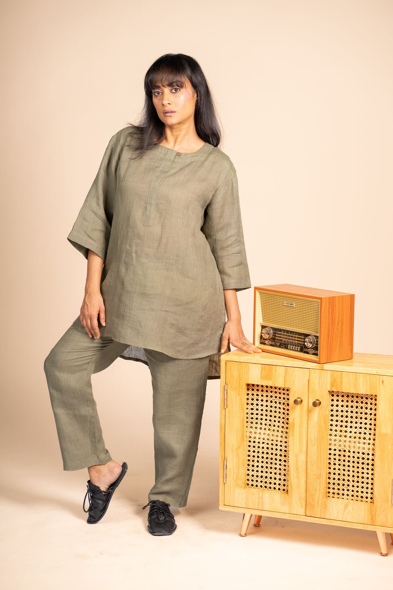 Olive linen short kurta set