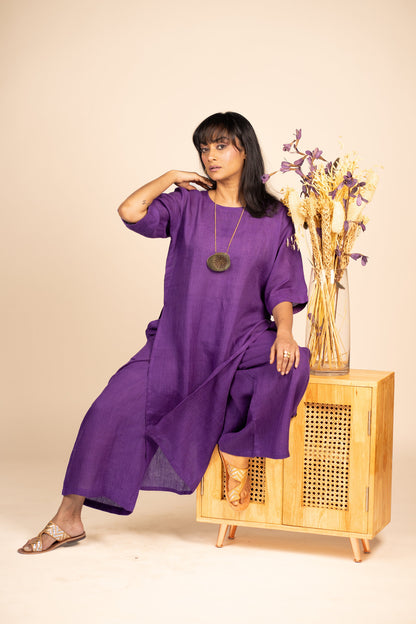 Aubergine high slit linen kurta set
