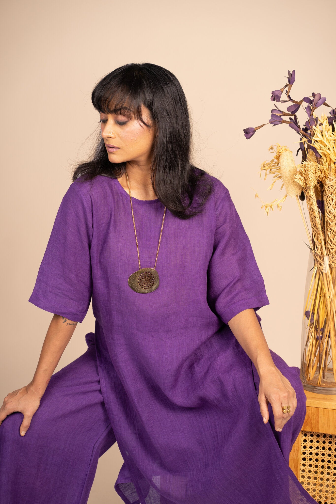 Aubergine high slit linen kurta set