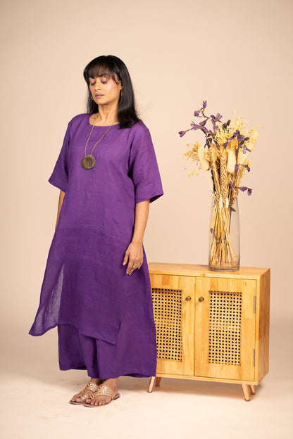 Aubergine high slit linen kurta set