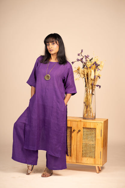 Aubergine high slit linen kurta set