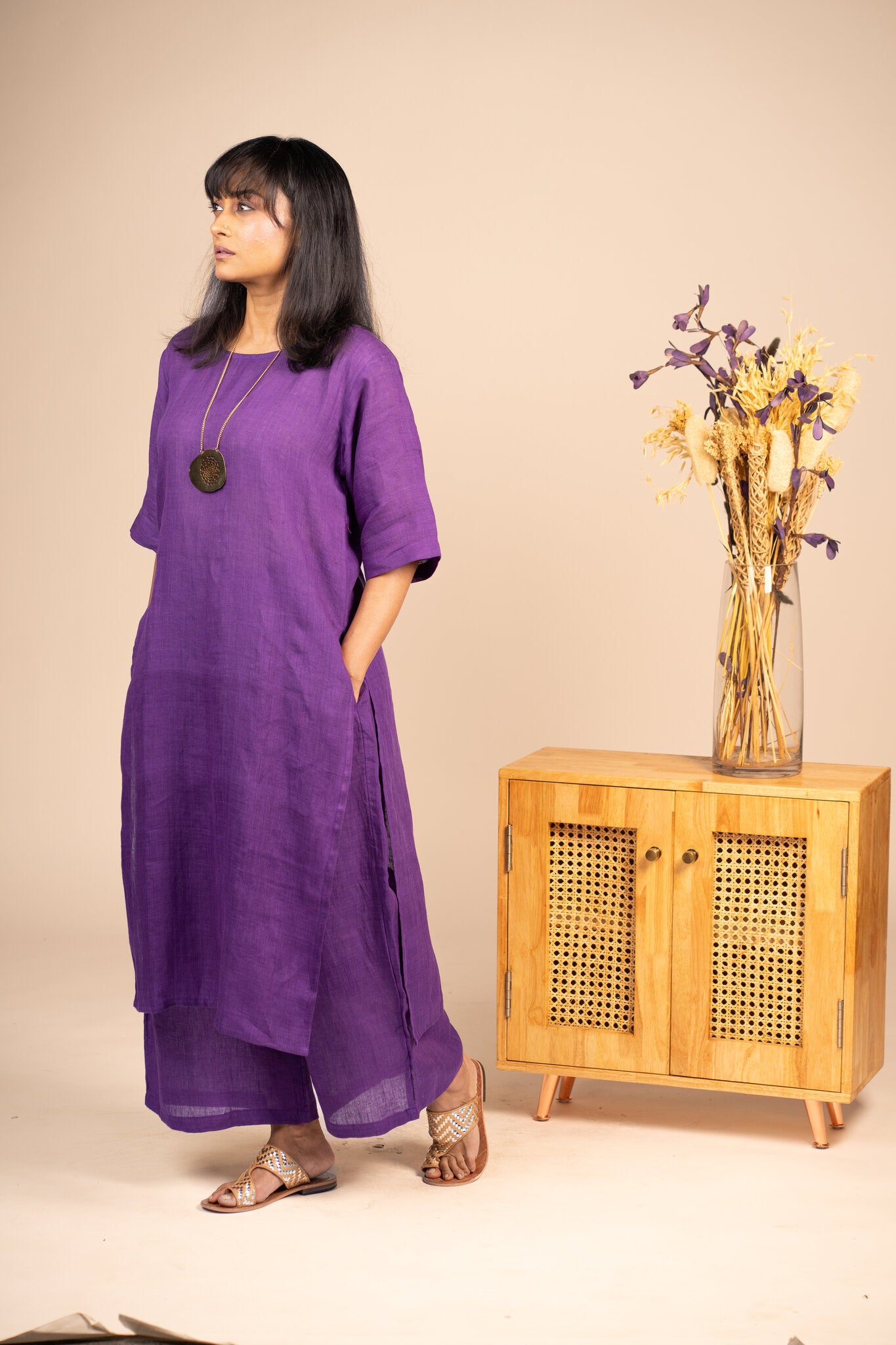 Aubergine high slit linen kurta set