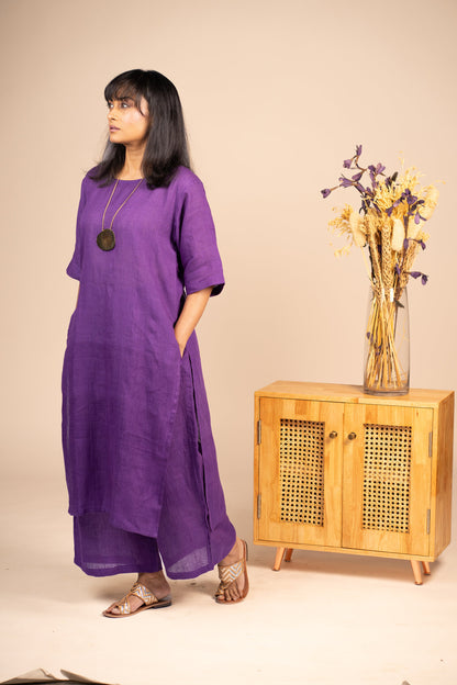 Aubergine high slit linen kurta set