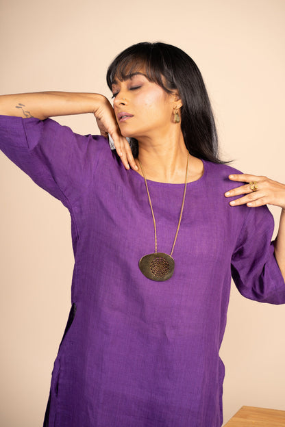 Aubergine high slit linen kurta set