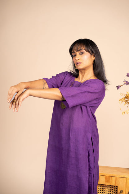 Aubergine high slit linen kurta set
