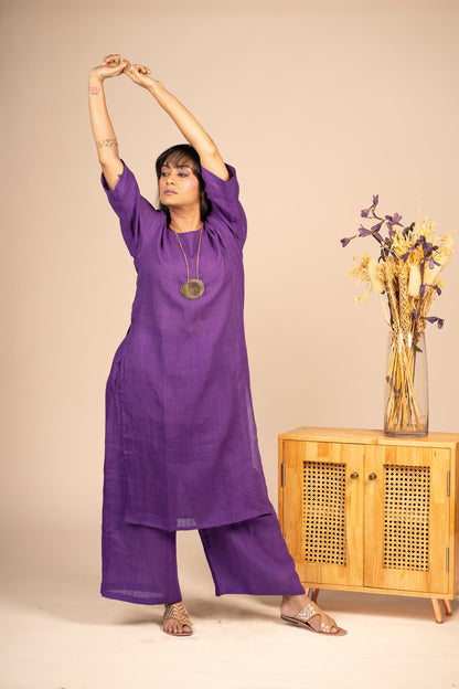 Aubergine high slit linen kurta set