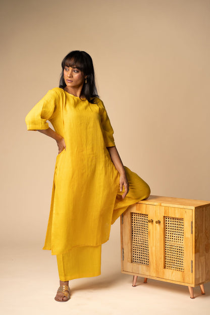 Yellow linen high slit kurta set