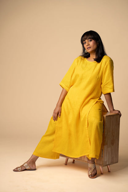 Yellow linen high slit kurta set