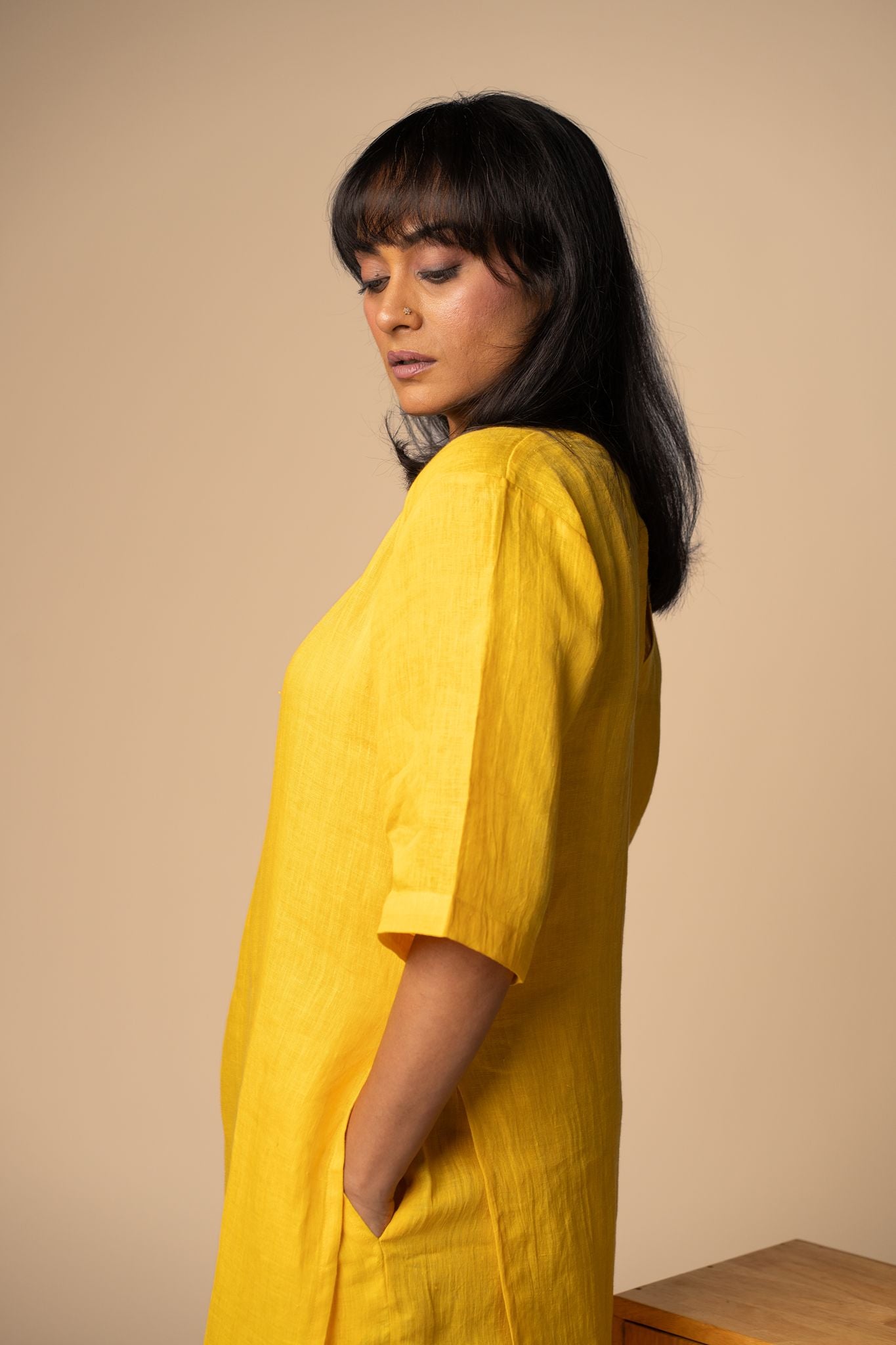 Yellow linen high slit kurta set