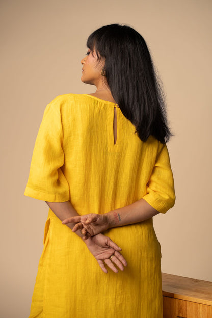 Yellow linen high slit kurta set