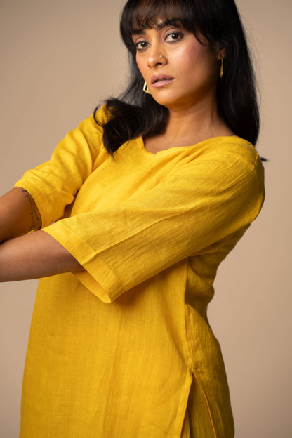 Yellow linen high slit kurta set