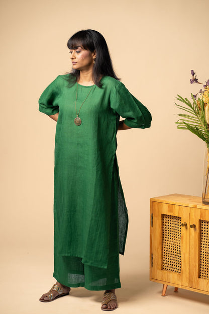 Emerald linen high slit kurta set
