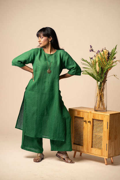 Emerald linen high slit kurta set