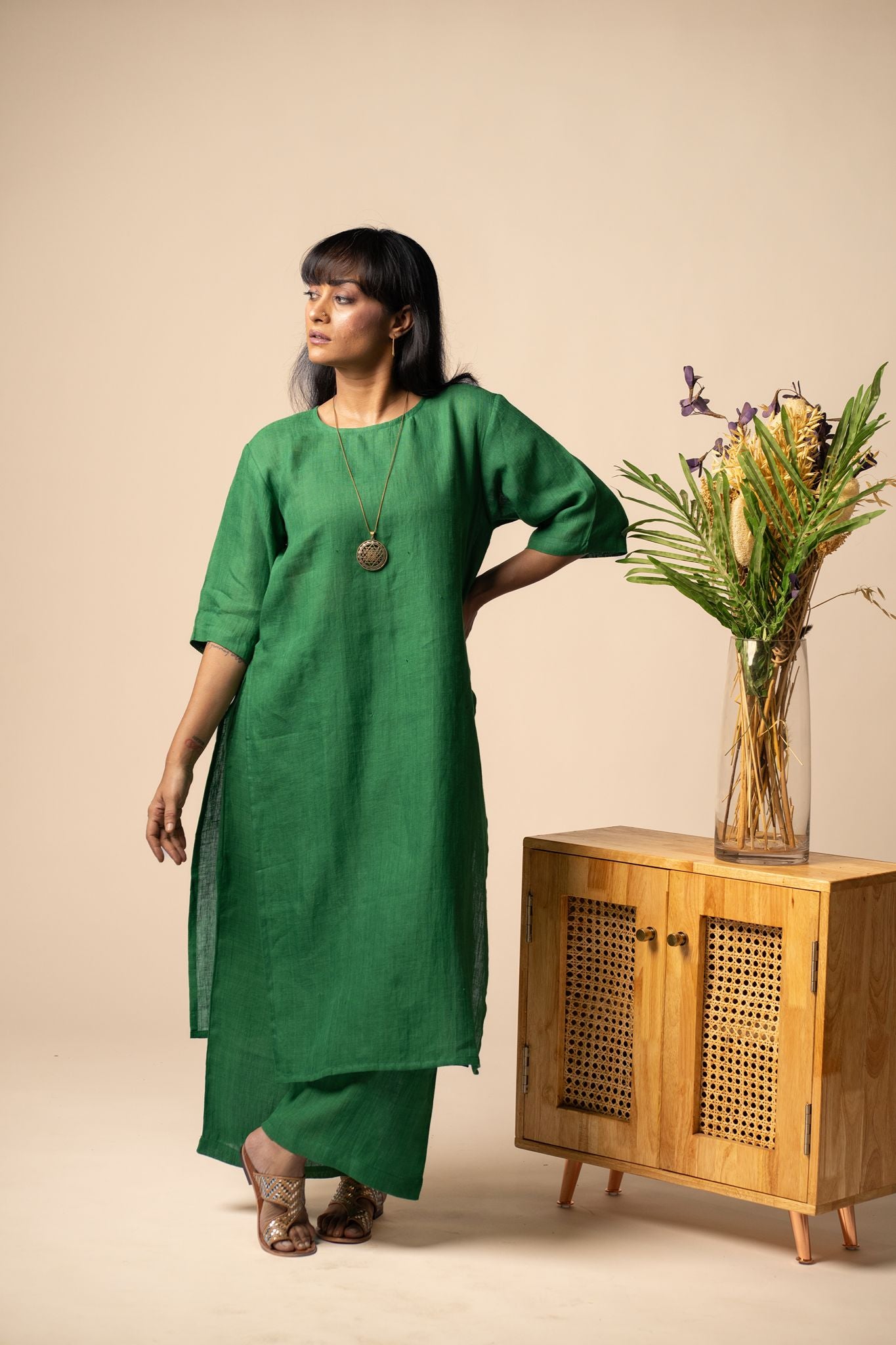 Emerald linen high slit kurta set