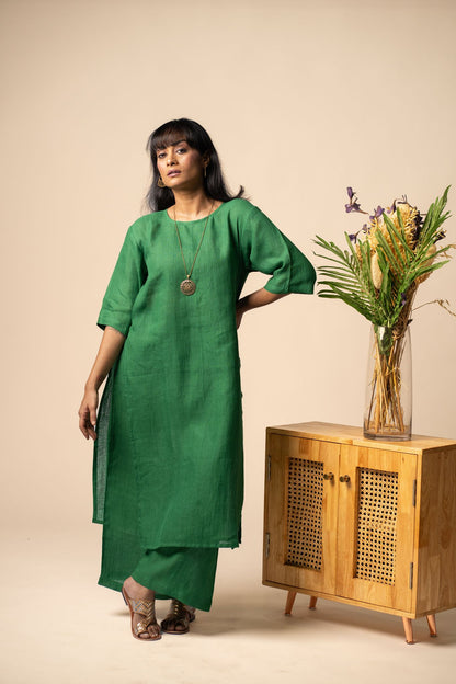 Emerald linen high slit kurta set
