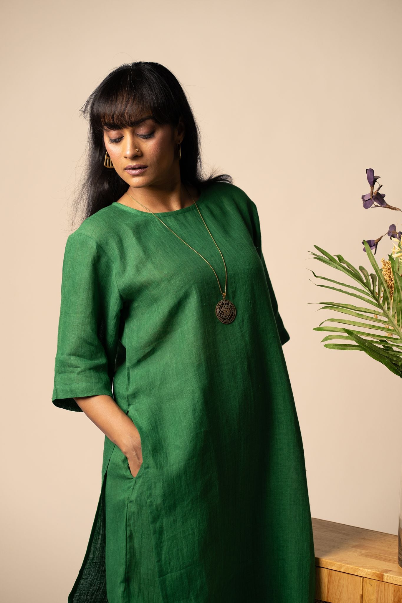 Emerald linen high slit kurta set