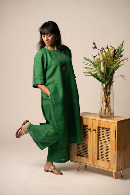 Emerald linen high slit kurta set