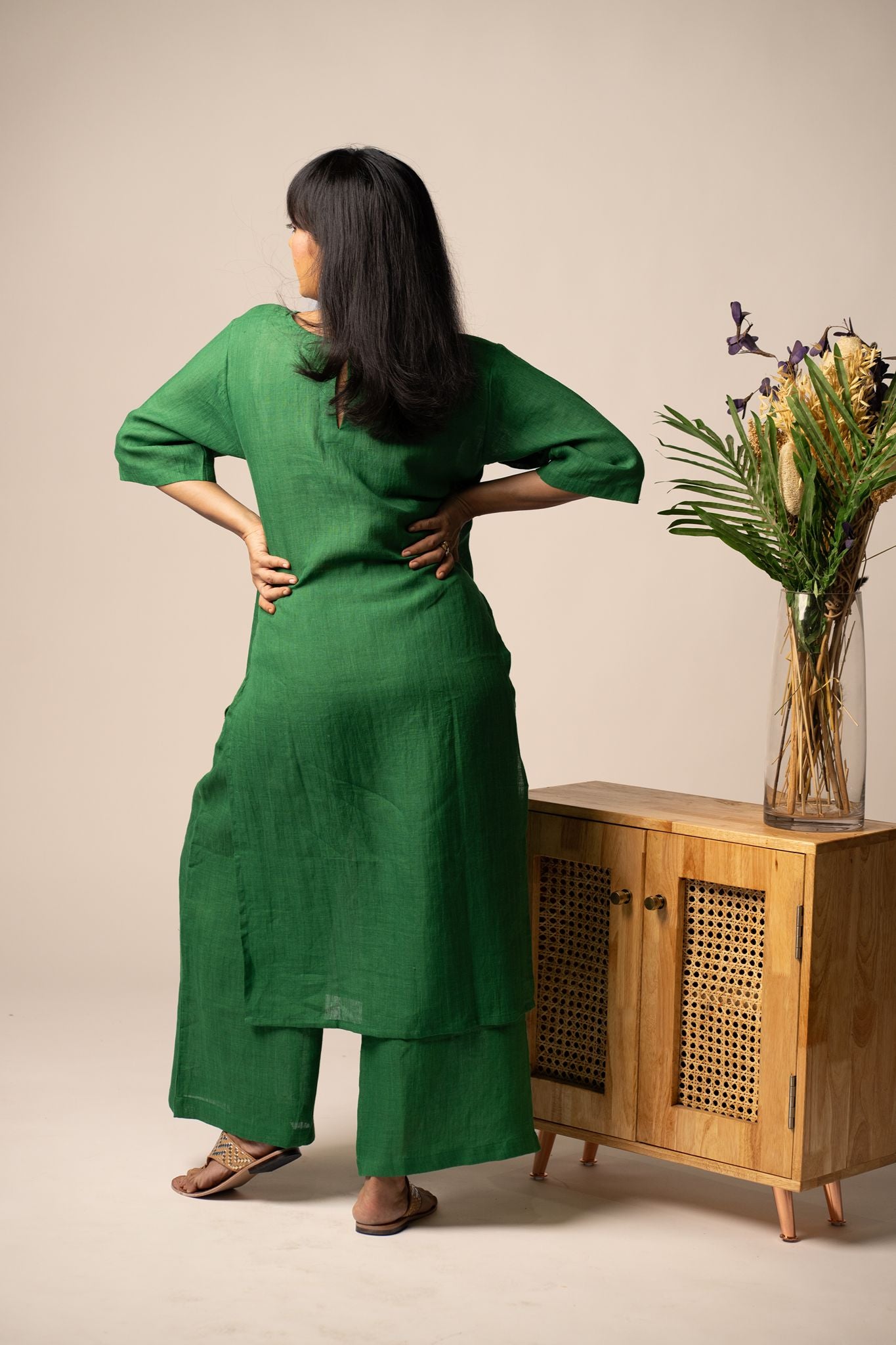Emerald linen high slit kurta set