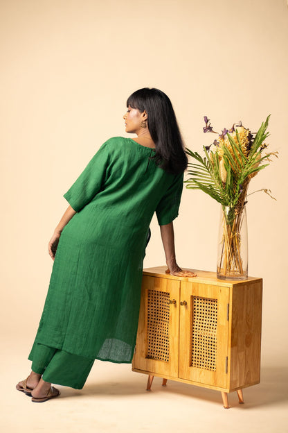 Emerald linen high slit kurta set
