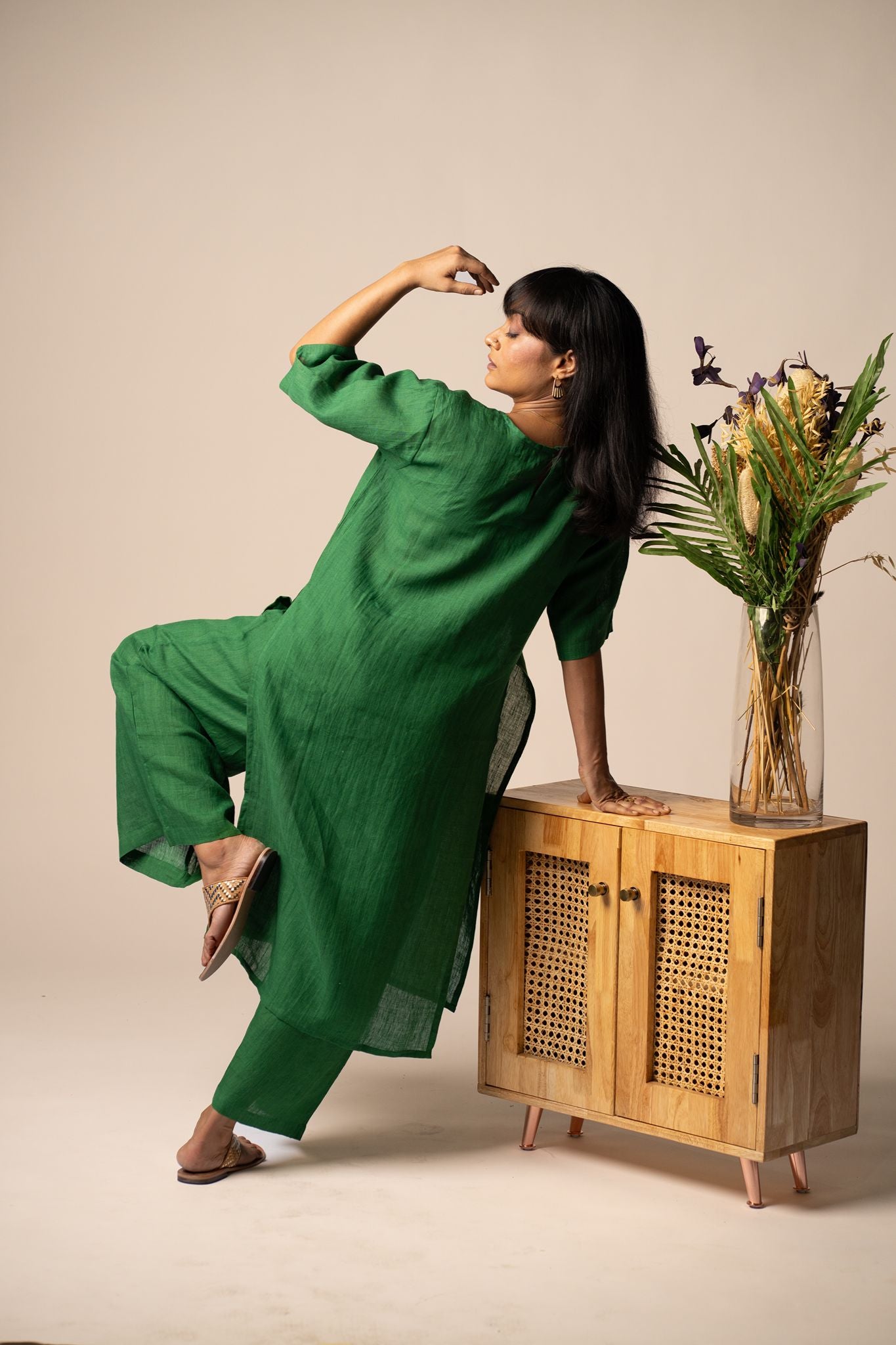 Emerald linen high slit kurta set
