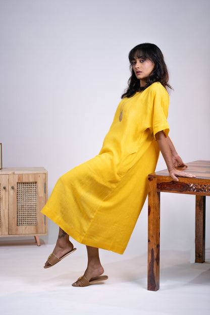 Yellow linen kaftan dress