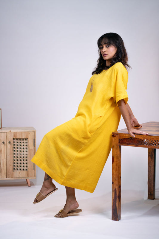 Yellow linen kaftan dress
