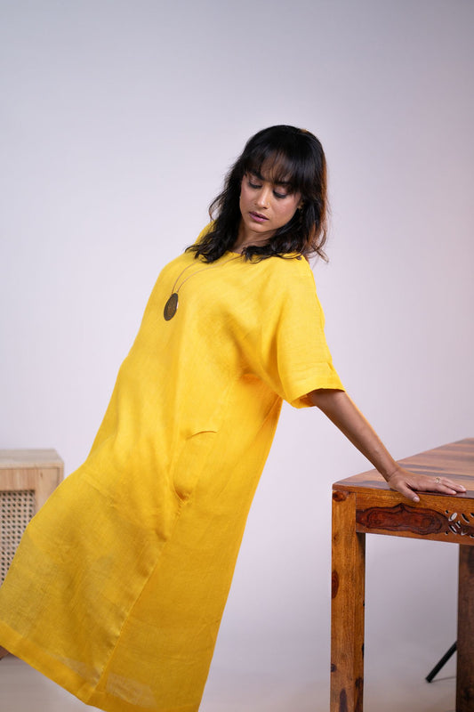 Yellow linen kaftan dress