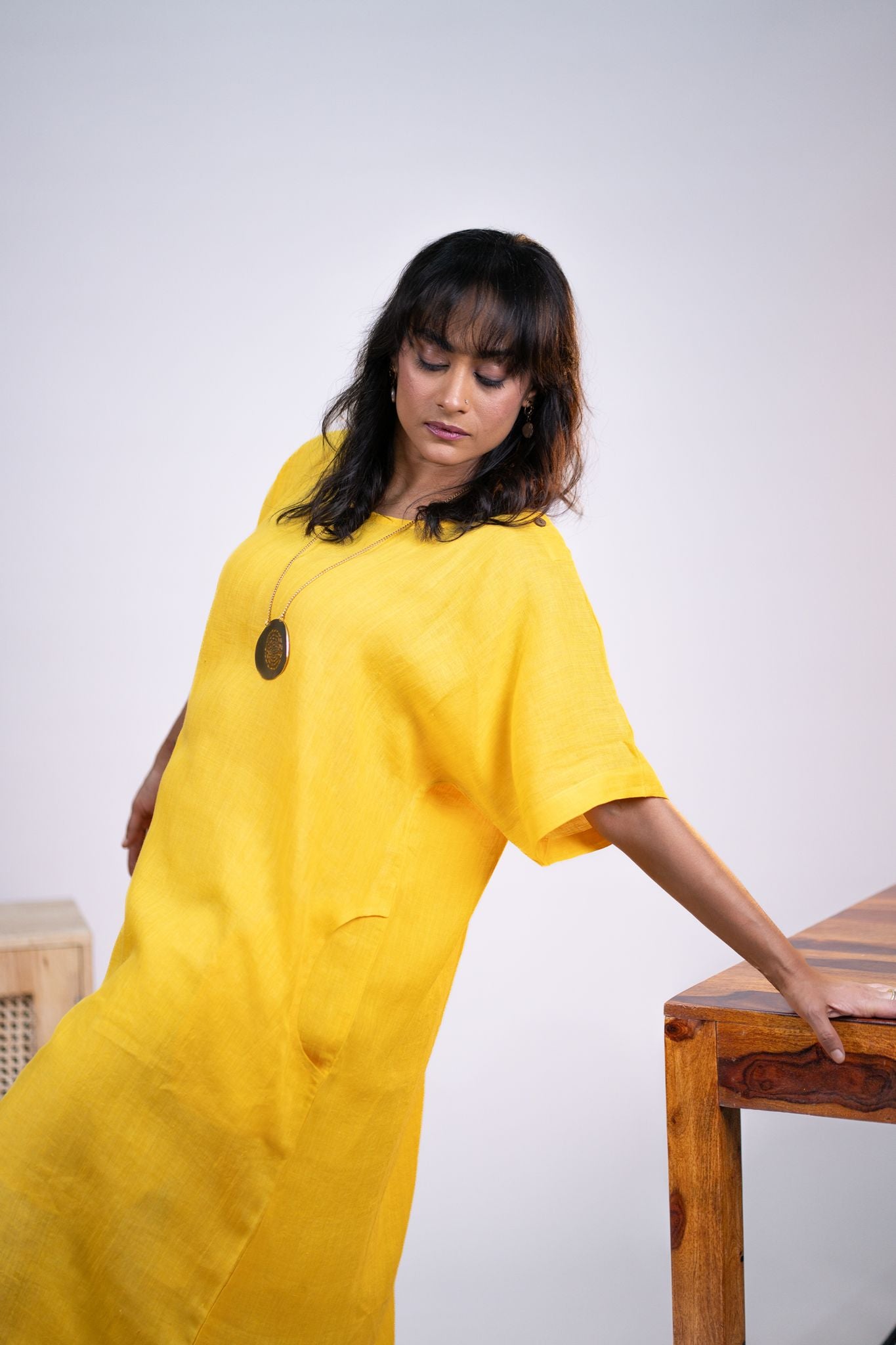 Yellow linen kaftan dress
