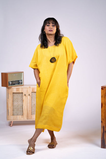 Yellow linen kaftan dress