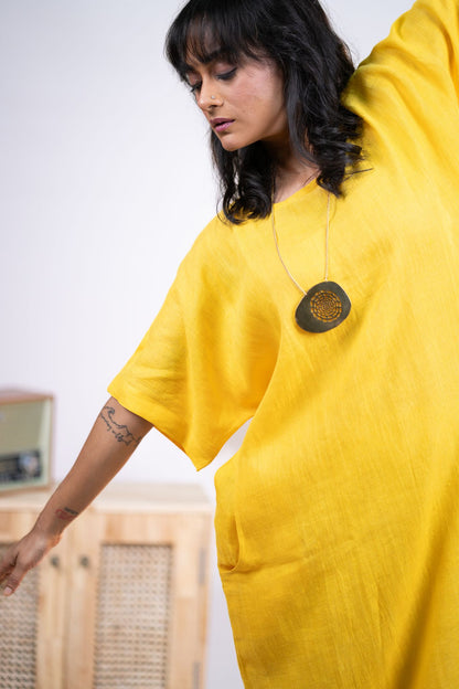 Yellow linen kaftan dress