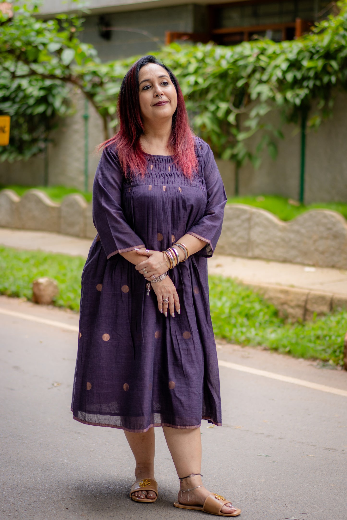 Wine zari buta smocked yoke jamdani dress