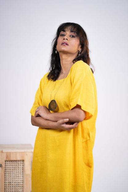 Yellow linen kaftan dress
