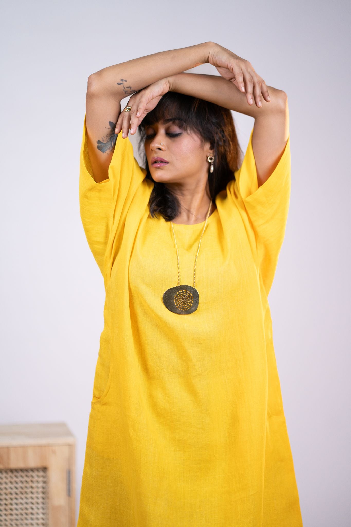 Yellow linen kaftan dress