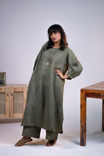 Olive linen pleated neck kurta set