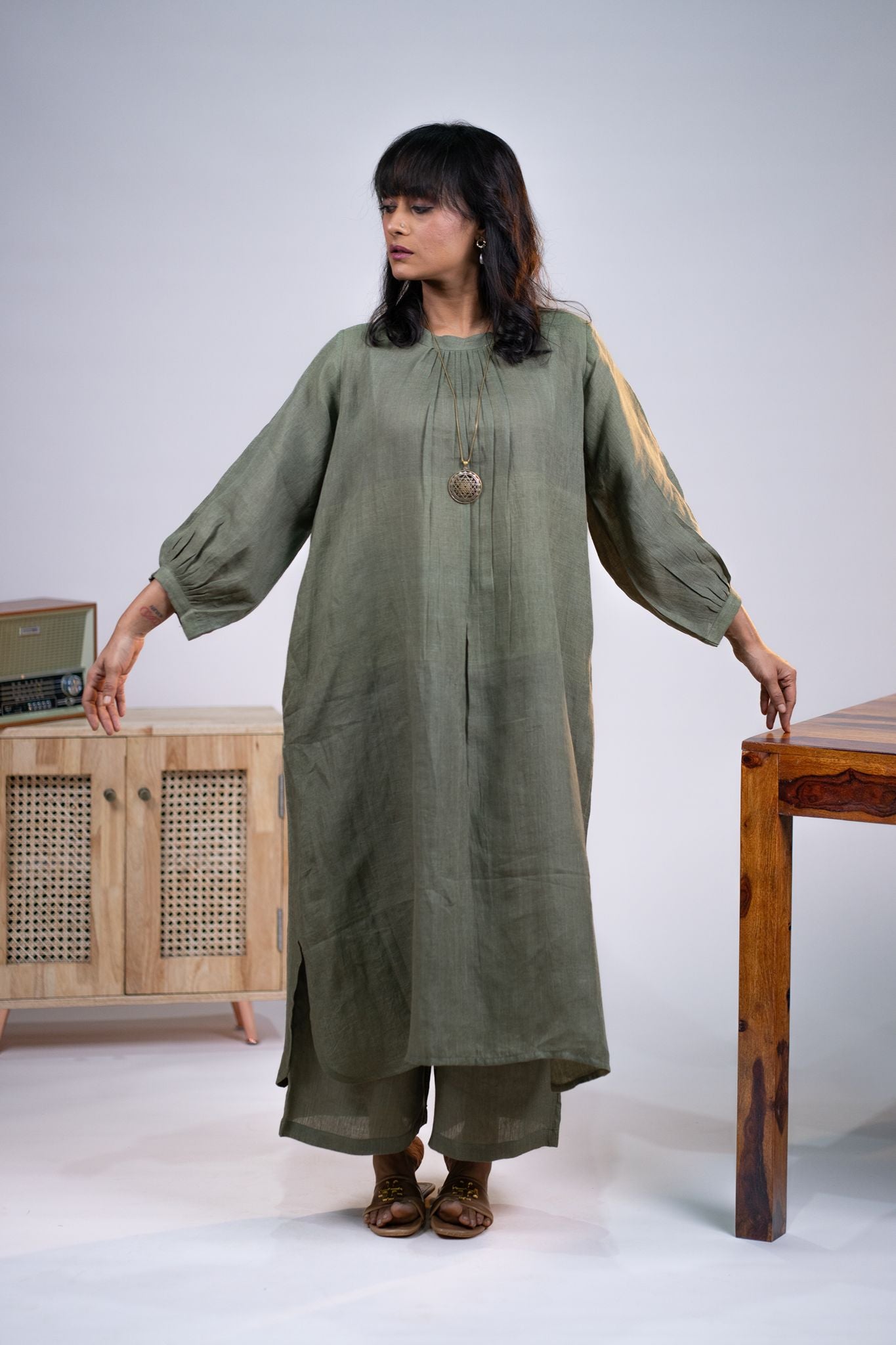 Olive linen pleated neck kurta set