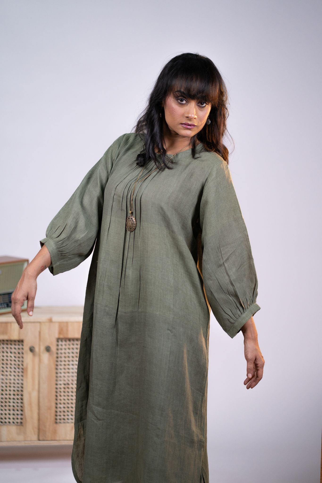 Olive linen pleated neck kurta set