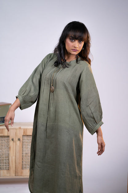 Olive linen pleated neck kurta set