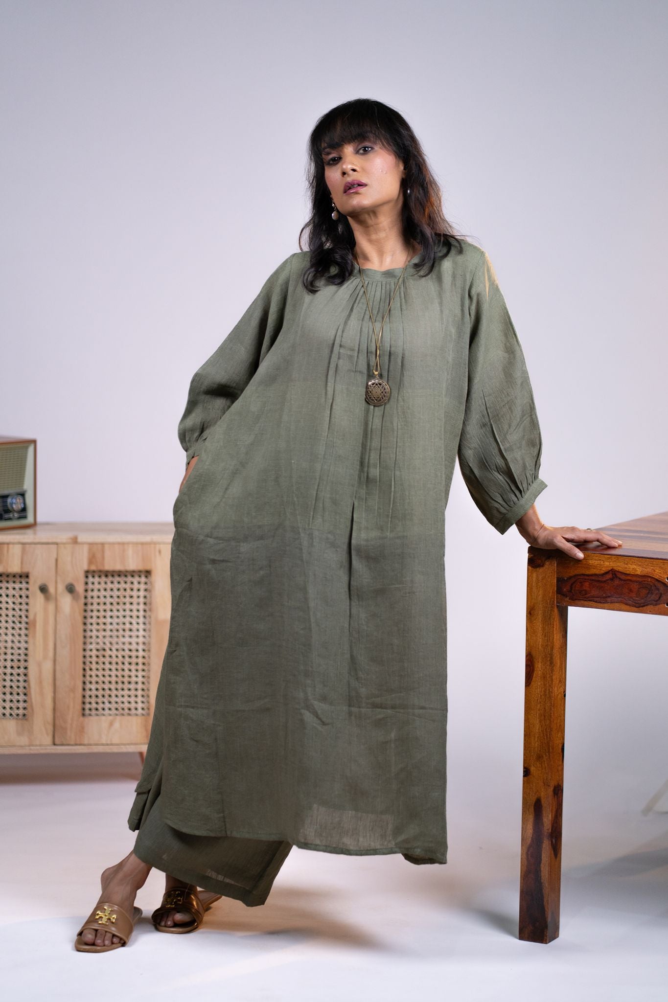 Olive linen pleated neck kurta set