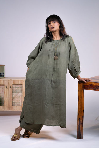 Olive linen pleated neck kurta set