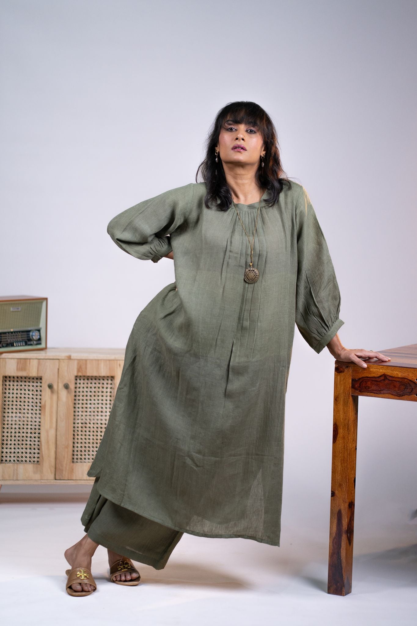 Olive linen pleated neck kurta set