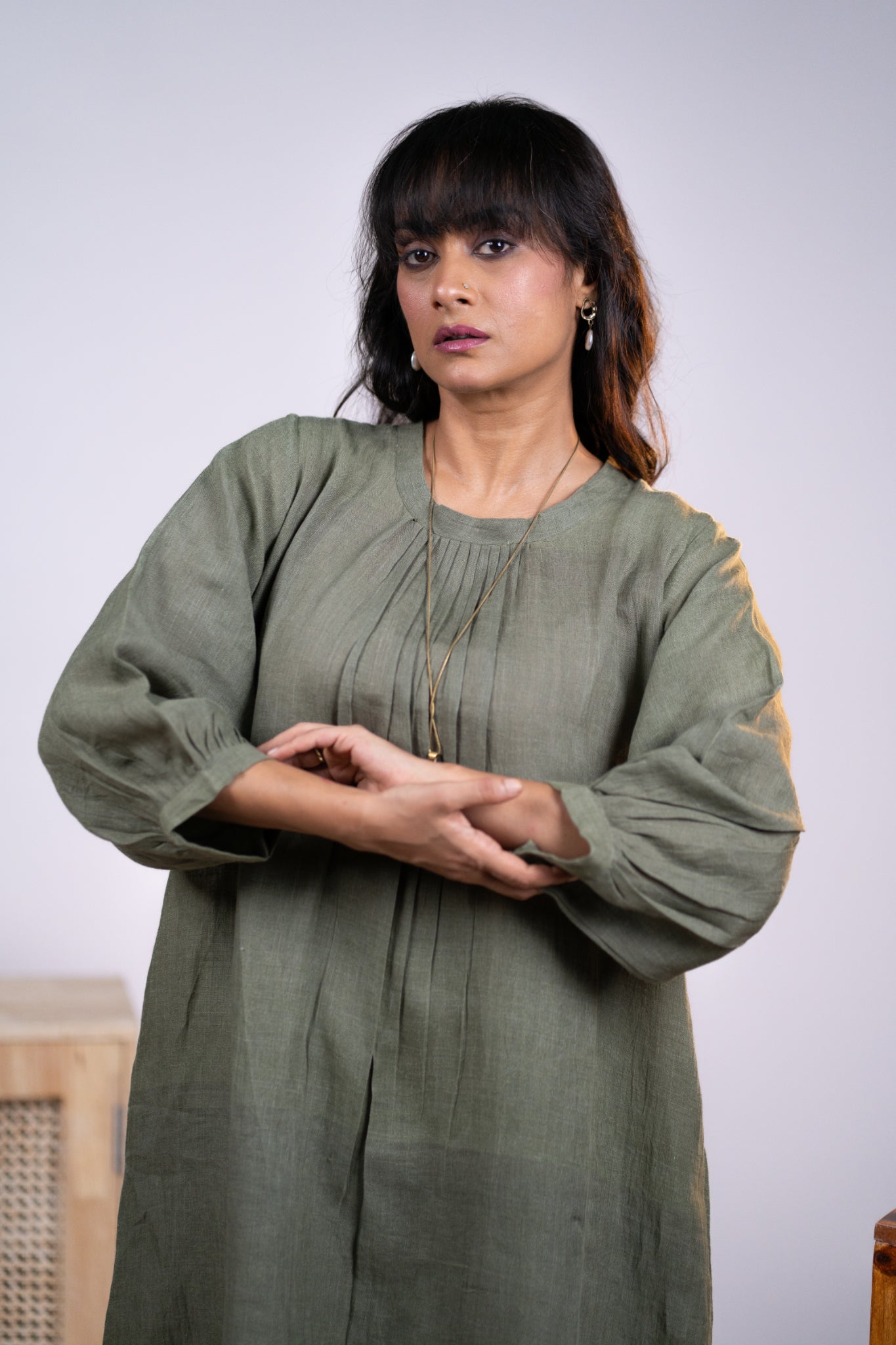 Olive linen pleated neck kurta set