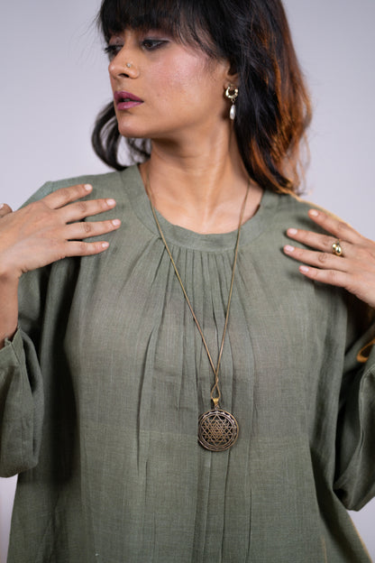 Olive linen pleated neck kurta set