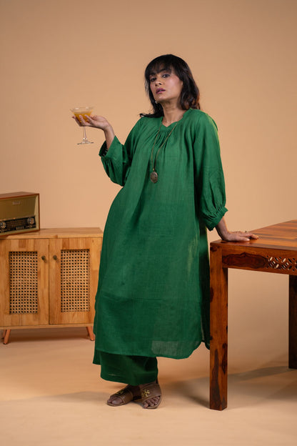 Emerald linen pleated neck kurta set