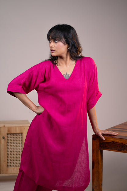 Fuchsia pink linen kimono sleeve kurta set