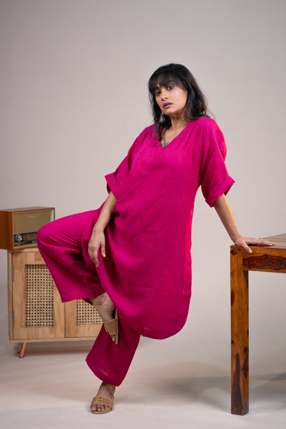 Fuchsia pink linen kimono sleeve kurta set