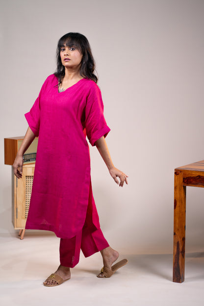Fuchsia pink linen kimono sleeve kurta set