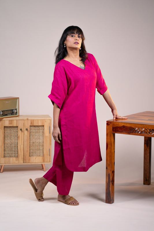 Fuchsia pink linen kimono sleeve kurta set